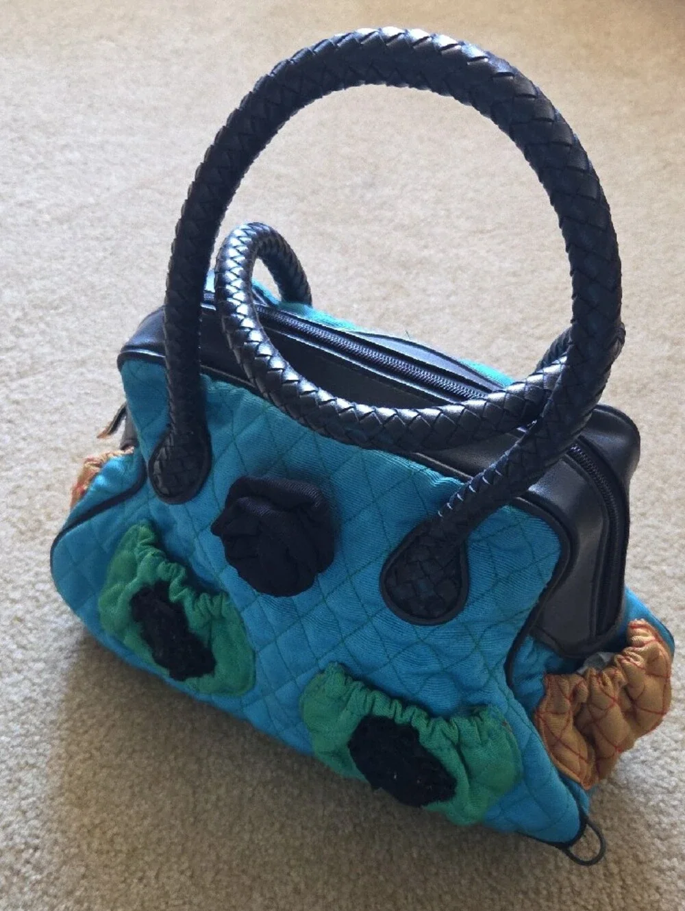 ANGELA FRASCONE Quilted Blue & Green Decorative Satchel Braided Black Handles
